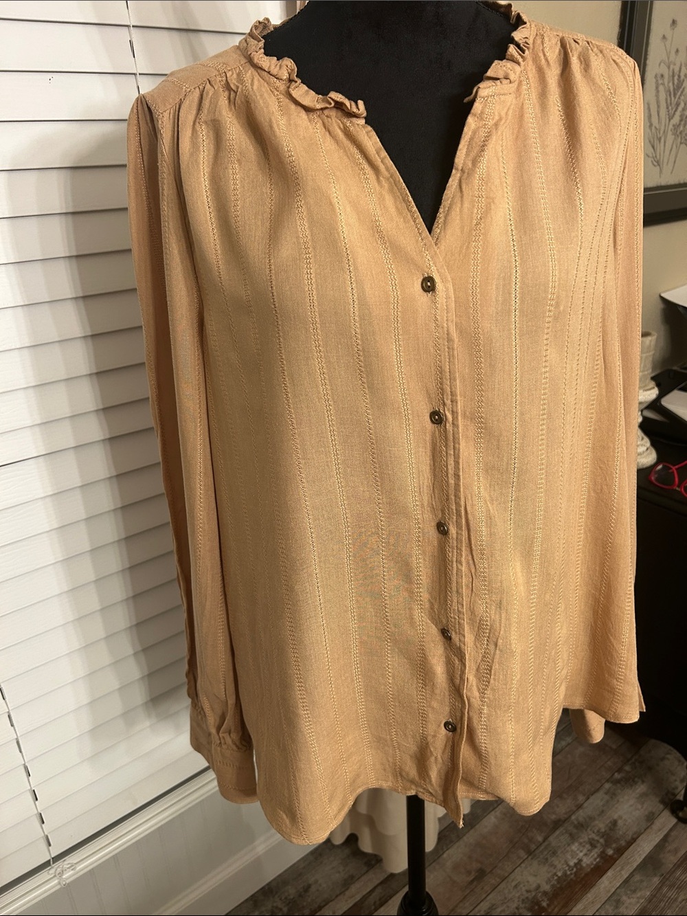 Wonderly Light Tan Ruffle-Neck Button-Down Blouse